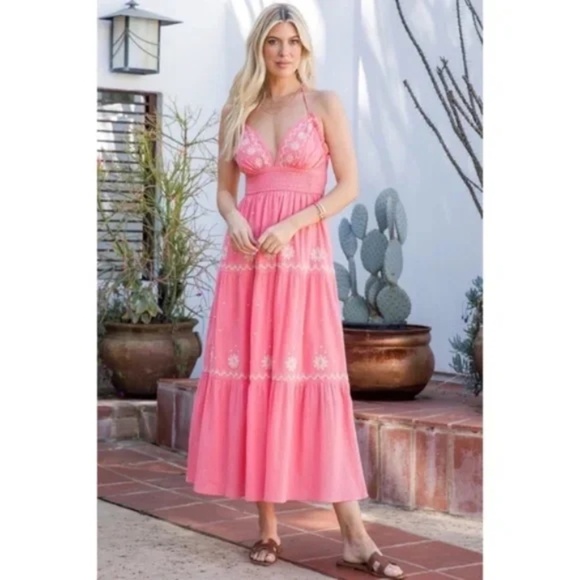 Rose Embroidered Floral Smocked Waist Gauze Summer Casual Halter Maxi Dress - Picture 2 of 7